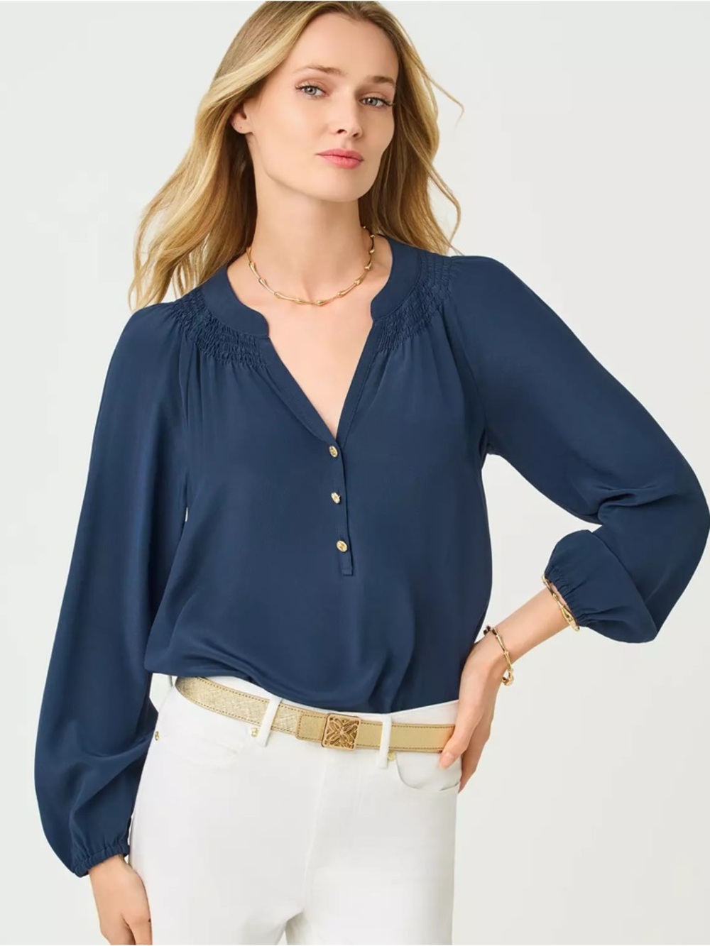 Lilly Pulitzer Elsa Silk Blouse In Low Tide Navy Preppy Chic Summer Top Sz L